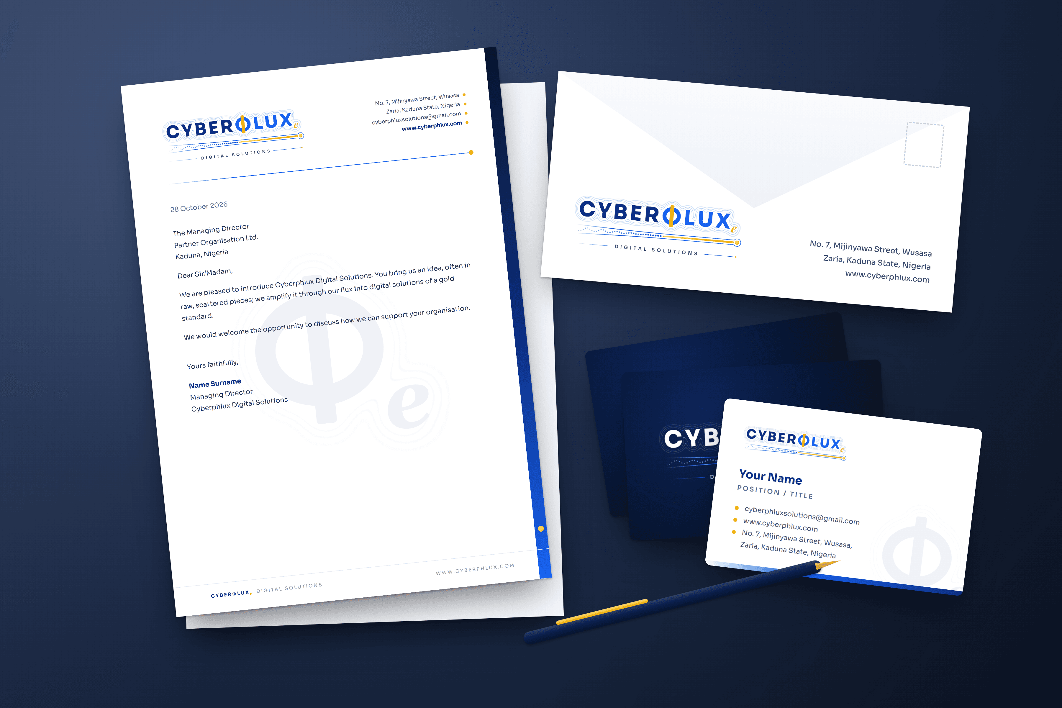 Cyberphlux stationery: letterhead, envelope and business cards